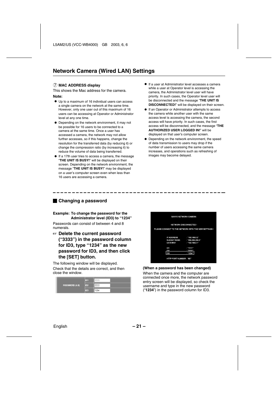 Network camera (wired lan) settings | Sanyo VCC-WB4000 User Manual | Page 22 / 68