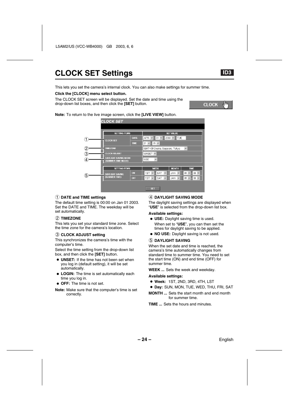 Clock set settings | Sanyo VCC-WB4000 User Manual | Page 25 / 68