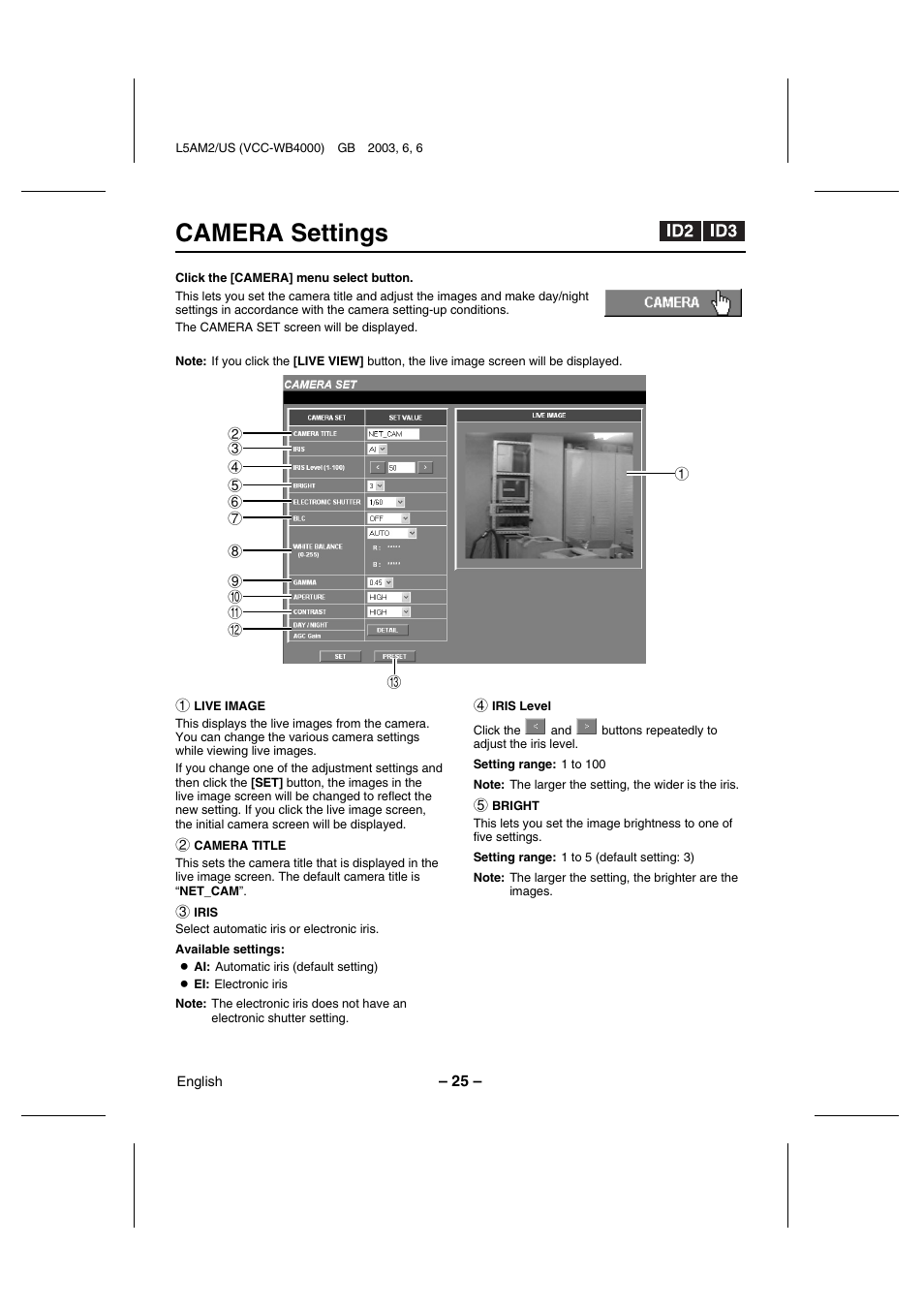 Camera settings | Sanyo VCC-WB4000 User Manual | Page 26 / 68