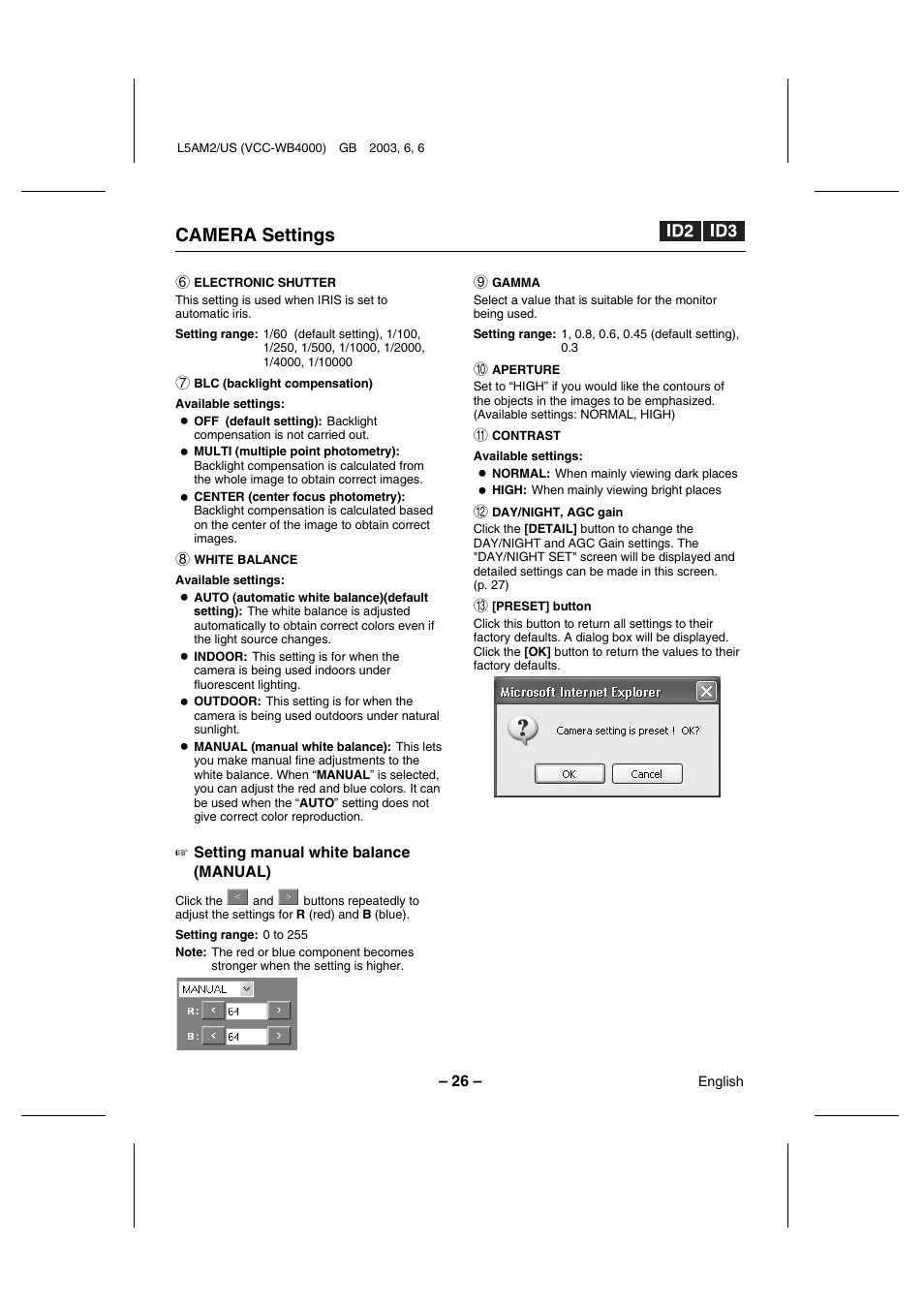 Camera settings | Sanyo VCC-WB4000 User Manual | Page 27 / 68