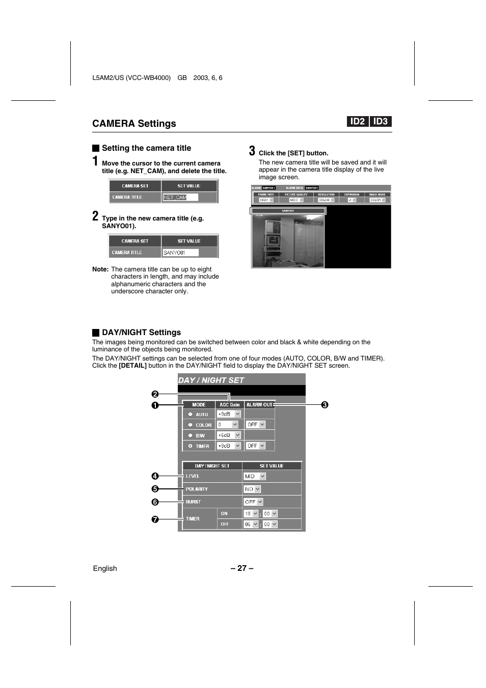 Camera settings | Sanyo VCC-WB4000 User Manual | Page 28 / 68