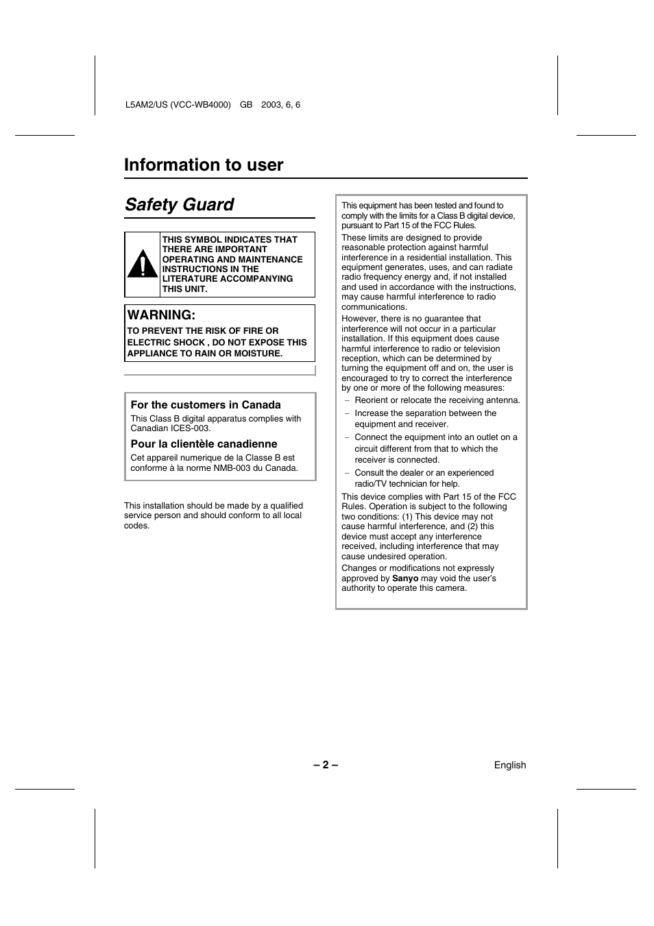 Information to user safety guard, Warning | Sanyo VCC-WB4000 User Manual | Page 3 / 68