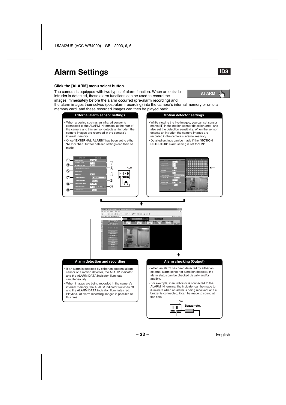 Alarm settings | Sanyo VCC-WB4000 User Manual | Page 33 / 68