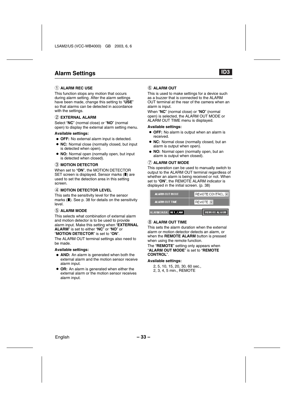 Alarm settings | Sanyo VCC-WB4000 User Manual | Page 34 / 68