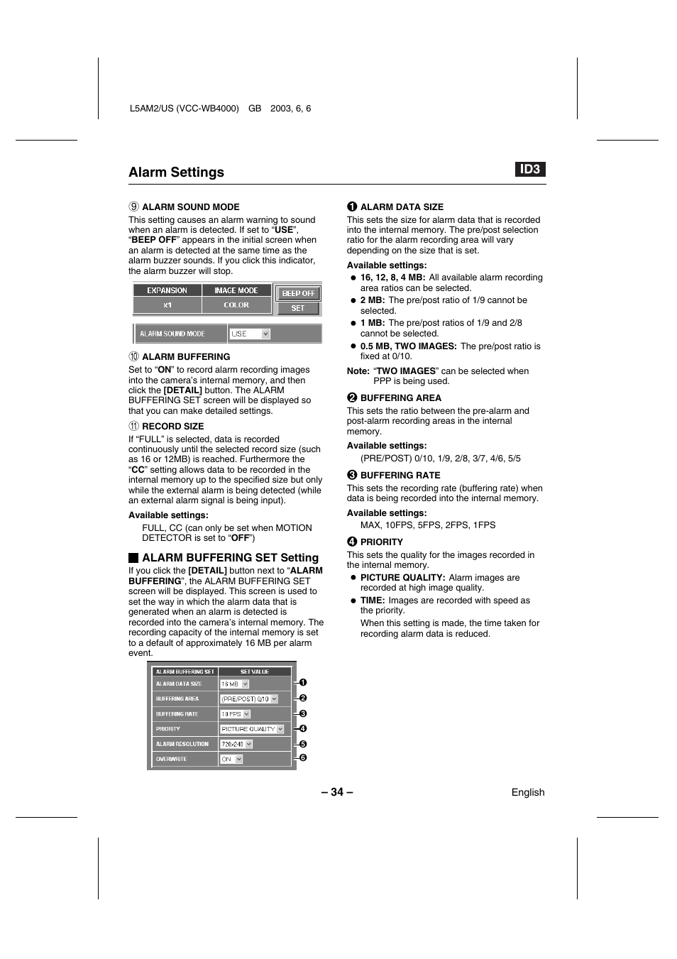Alarm settings | Sanyo VCC-WB4000 User Manual | Page 35 / 68