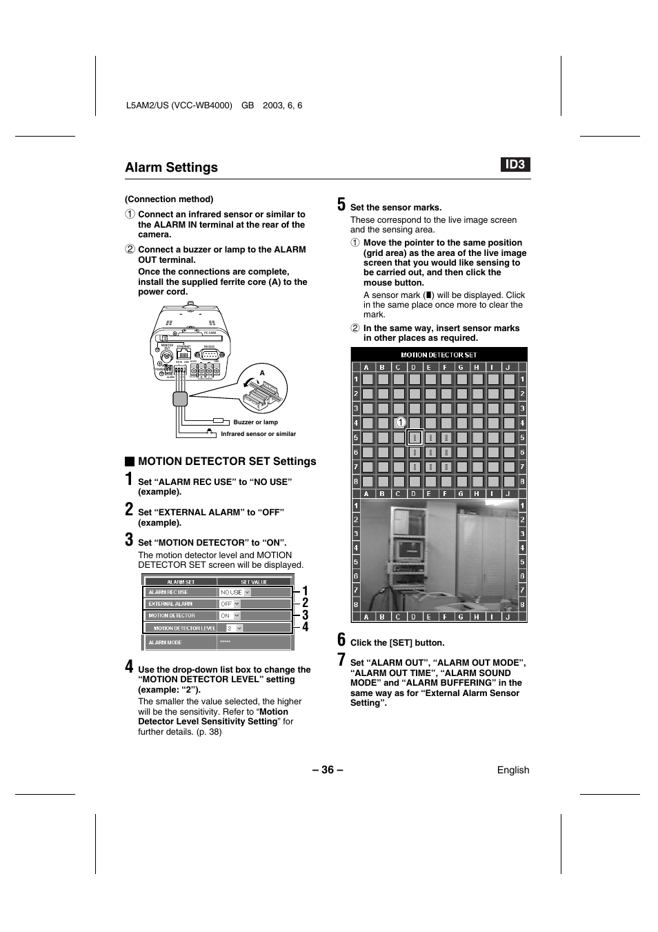 Alarm settings, Motion detector set settings | Sanyo VCC-WB4000 User Manual | Page 37 / 68