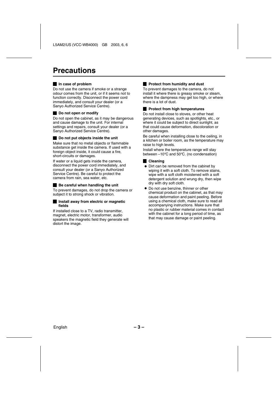 Precautions | Sanyo VCC-WB4000 User Manual | Page 4 / 68