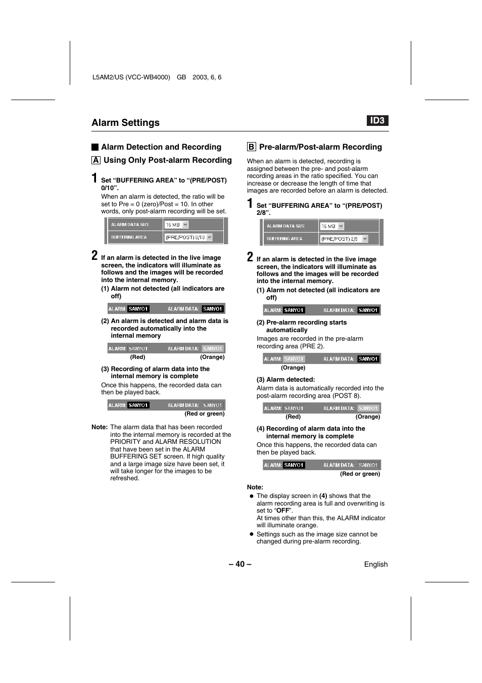 Alarm settings | Sanyo VCC-WB4000 User Manual | Page 41 / 68