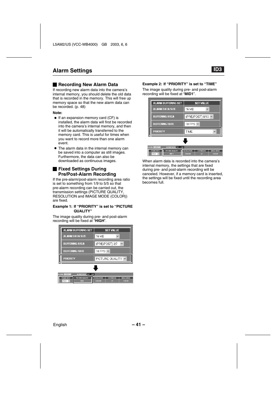 Alarm settings | Sanyo VCC-WB4000 User Manual | Page 42 / 68