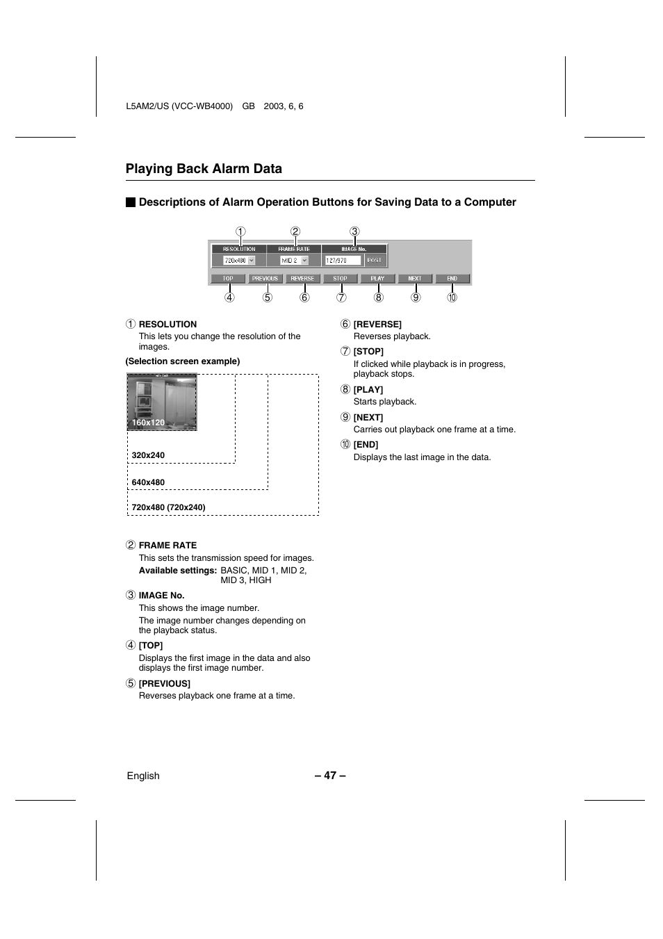 Playing back alarm data | Sanyo VCC-WB4000 User Manual | Page 48 / 68