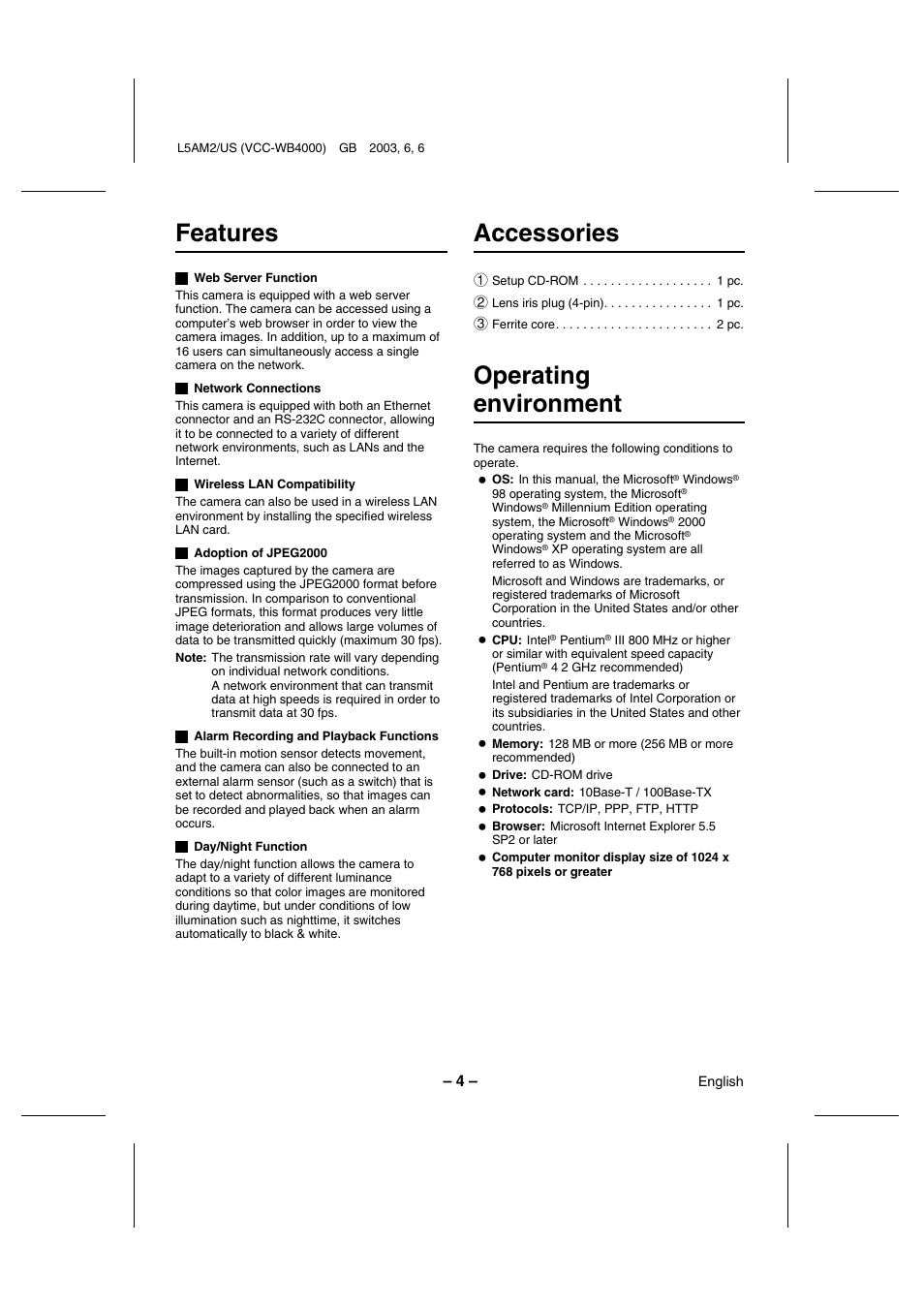 Features, Accessories, Operating environment | Sanyo VCC-WB4000 User Manual | Page 5 / 68