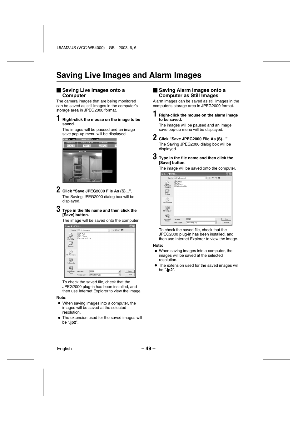 Saving live images and alarm images | Sanyo VCC-WB4000 User Manual | Page 50 / 68