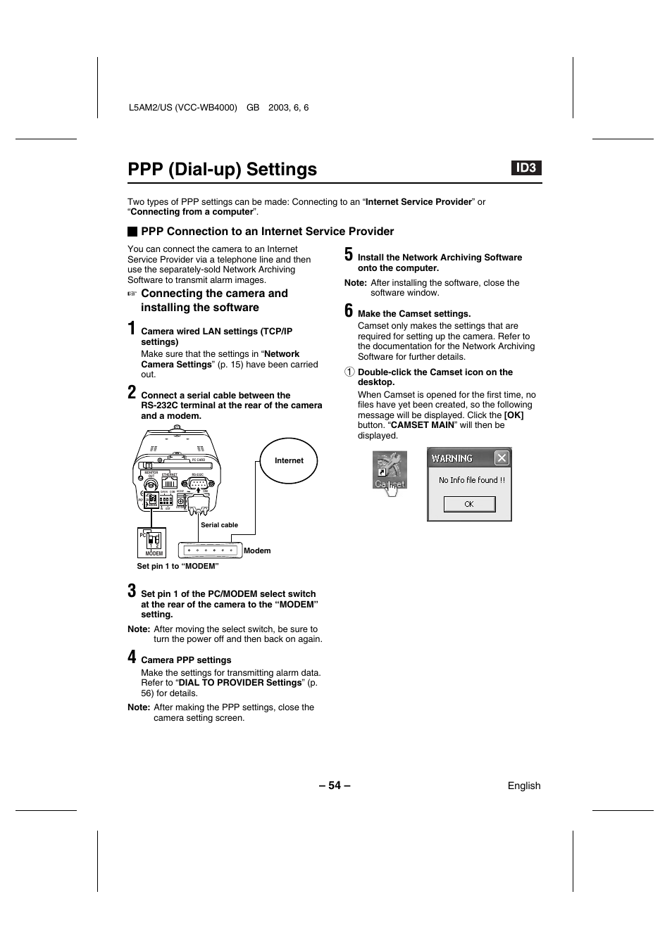 Ppp (dial-up) settings, Ppp connection to an internet service provider, Connecting the camera and installing the software | Sanyo VCC-WB4000 User Manual | Page 55 / 68