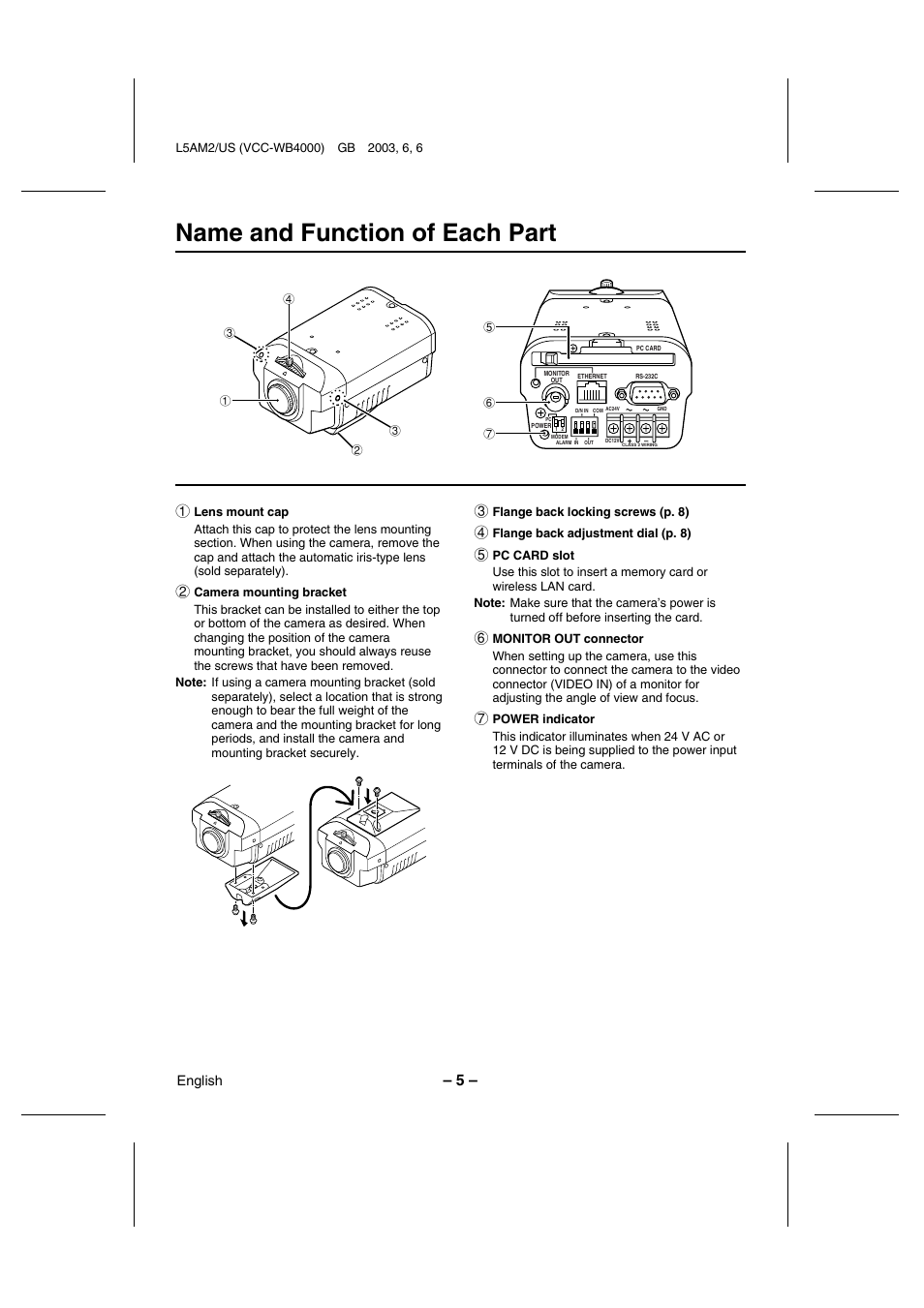 Name and function of each part, English | Sanyo VCC-WB4000 User Manual | Page 6 / 68