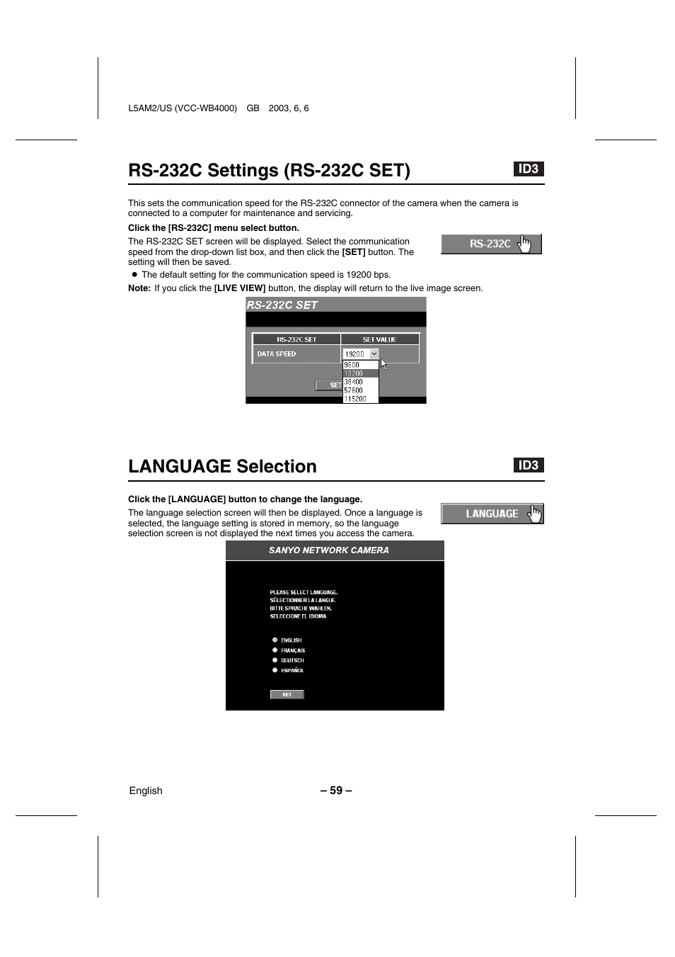 Language selection | Sanyo VCC-WB4000 User Manual | Page 60 / 68