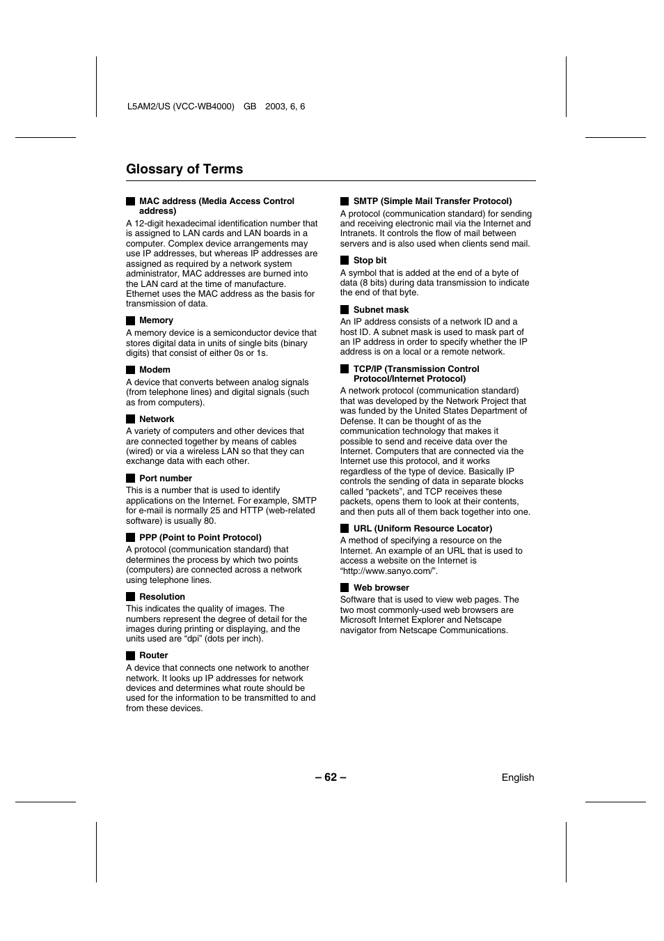 Glossary of terms | Sanyo VCC-WB4000 User Manual | Page 63 / 68