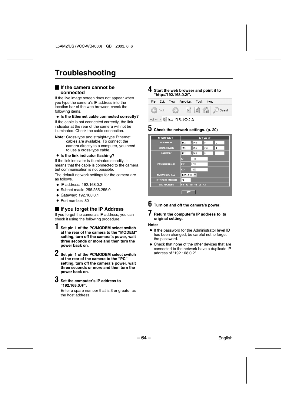 Troubleshooting | Sanyo VCC-WB4000 User Manual | Page 65 / 68