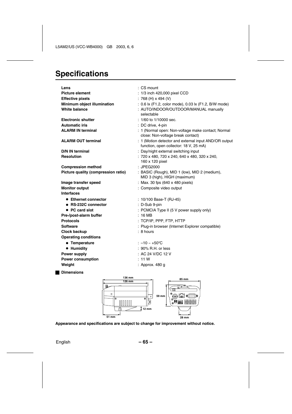 Specifications | Sanyo VCC-WB4000 User Manual | Page 66 / 68