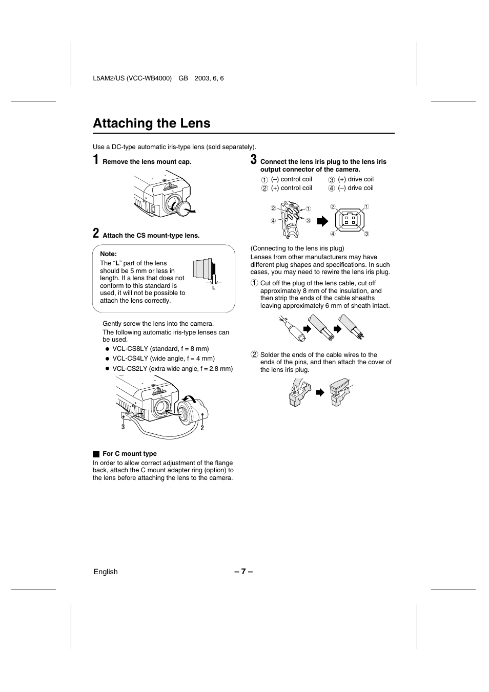 Attaching the lens | Sanyo VCC-WB4000 User Manual | Page 8 / 68