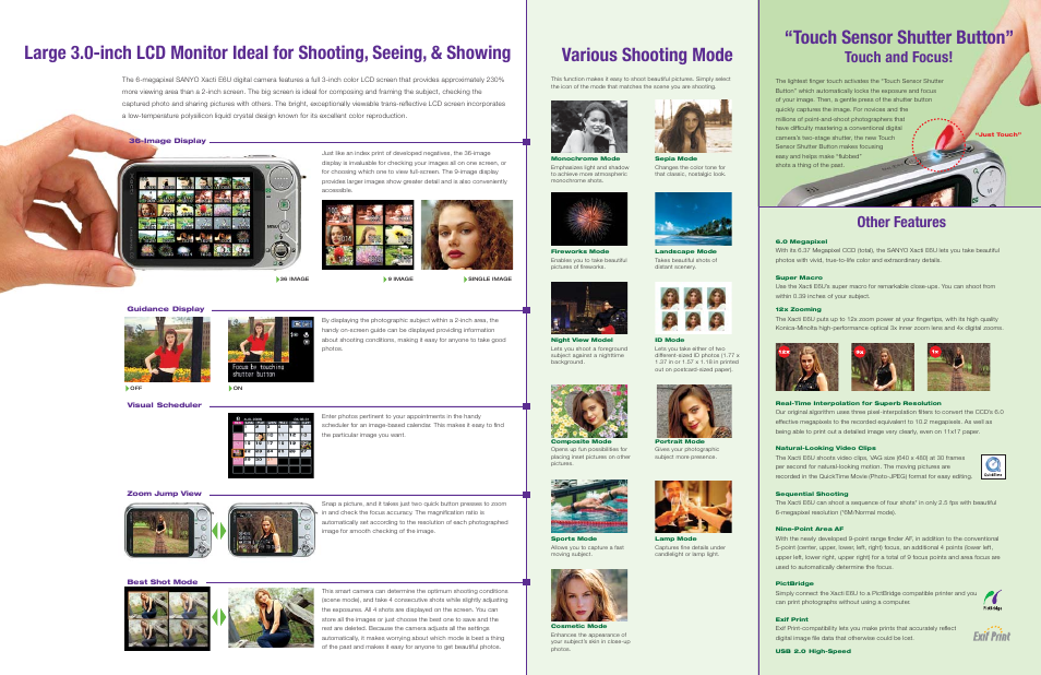 Touch sensor shutter button, Touch and focus, Other features | Sanyo VPC-E6U User Manual | Page 2 / 4