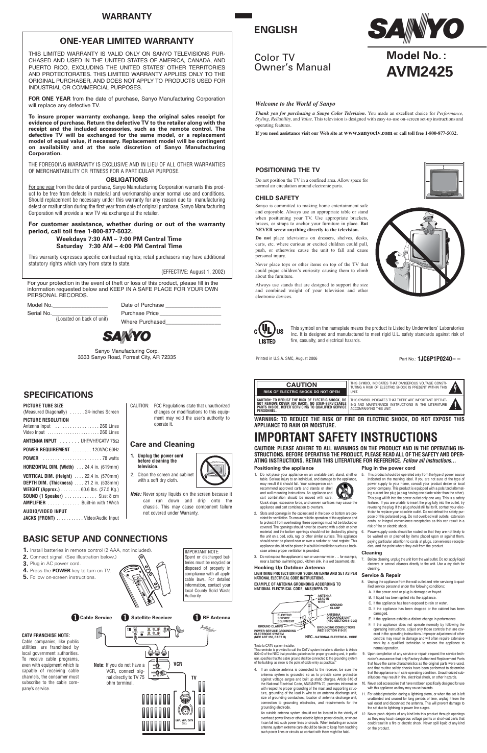 Sanyo AVM2425 User Manual | 2 pages