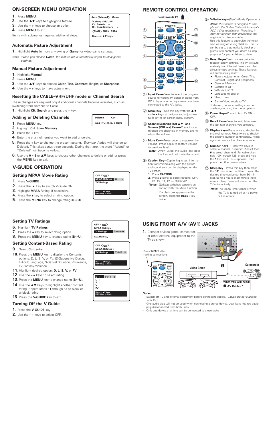 Using front a/v (av1) jacks, Remote control operation, On-screen menu operation | V-guide operation, Automatic picture adjustment 1, Manual picture adjustment 1, Resetting the cable–vhf/uhf mode or channel search, Adding or deleting channels 1, Setting mpaa movie rating 1, Setting tv ratings 6 | Sanyo AVM2425 User Manual | Page 2 / 2