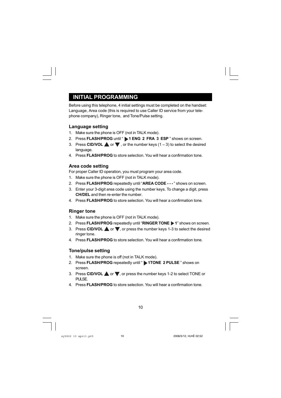 Initial programming | Sanyo CLT-A5822 User Manual | Page 10 / 34