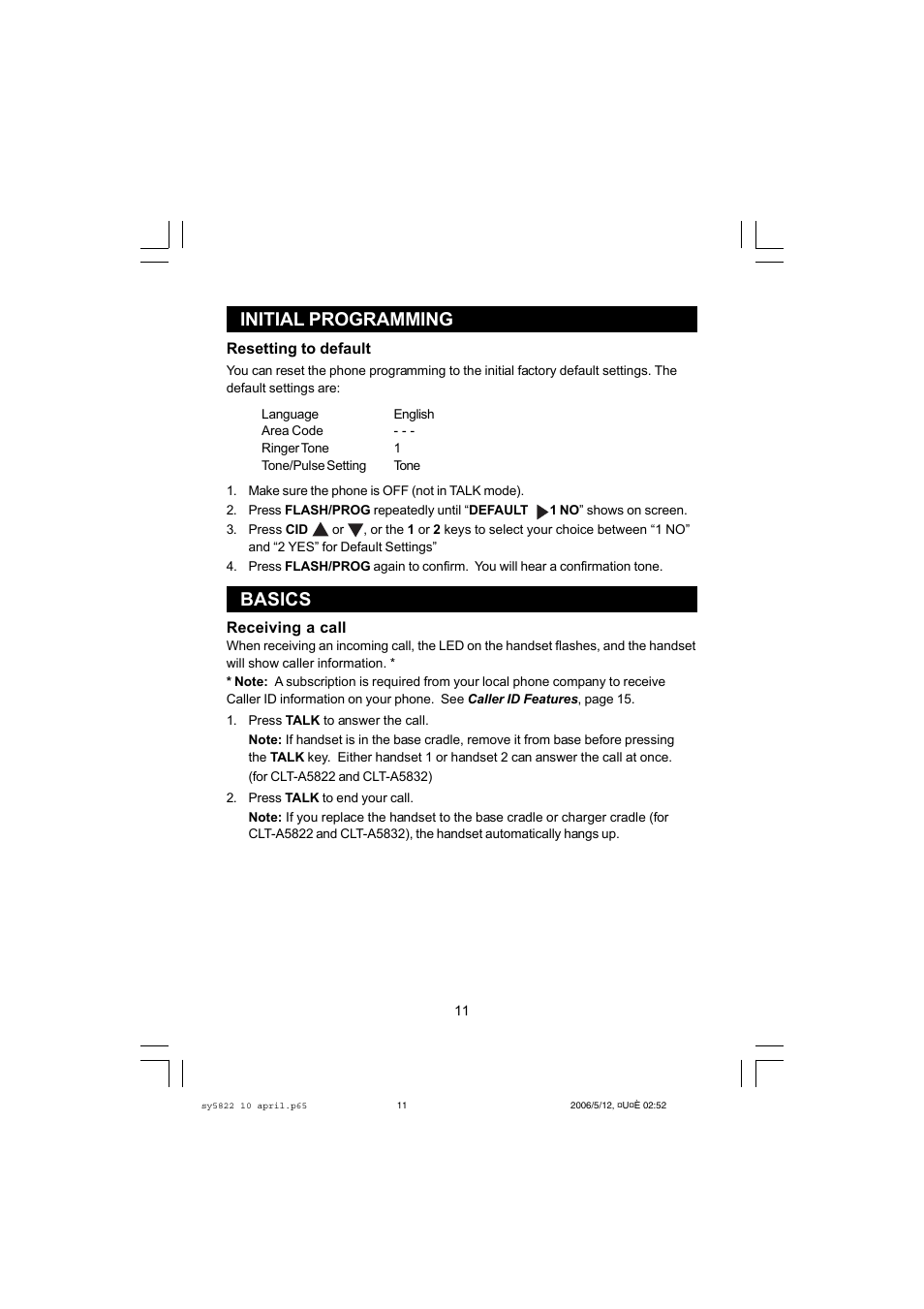 Basics initial programming | Sanyo CLT-A5822 User Manual | Page 11 / 34