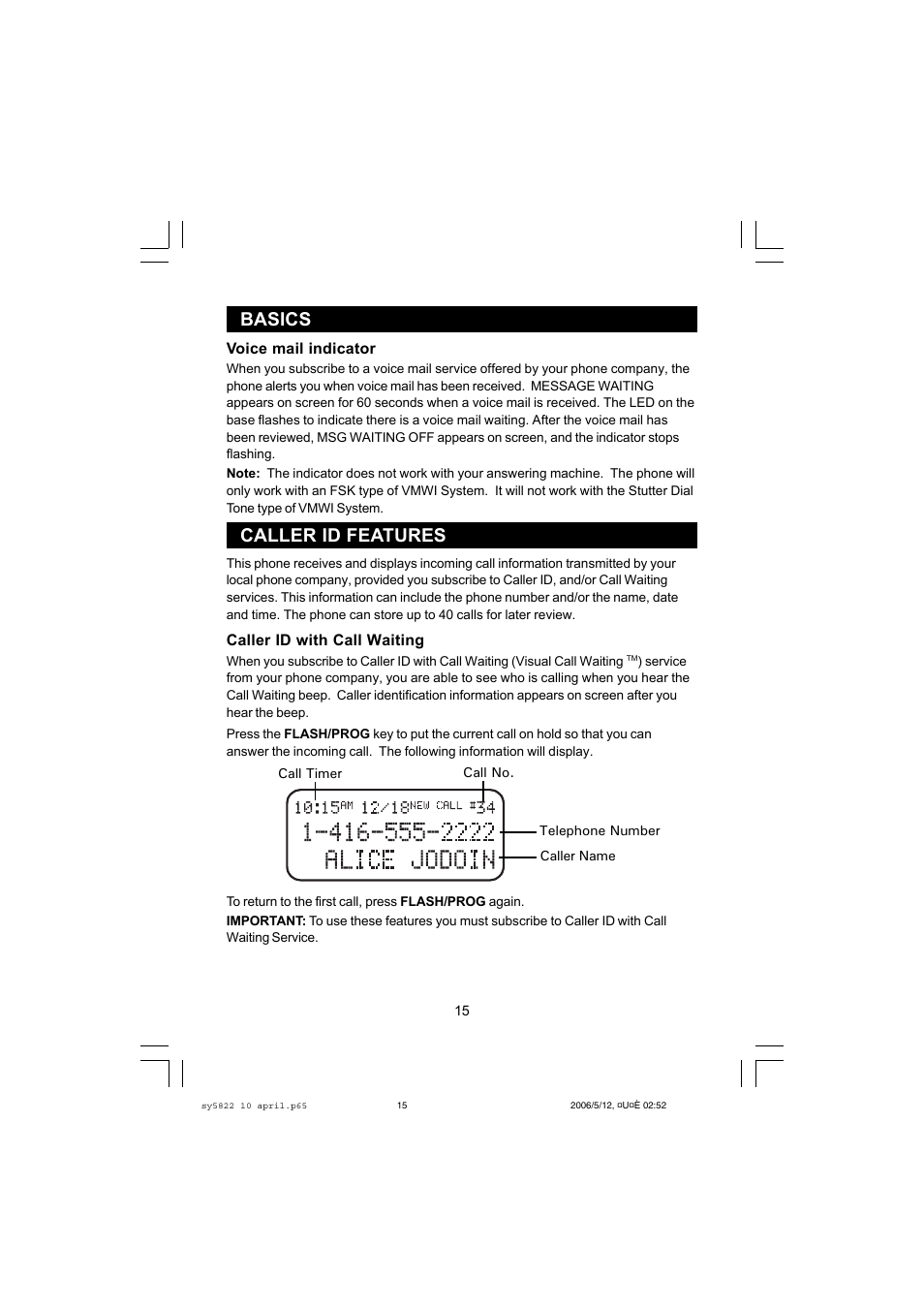 Caller id features, Basics | Sanyo CLT-A5822 User Manual | Page 15 / 34