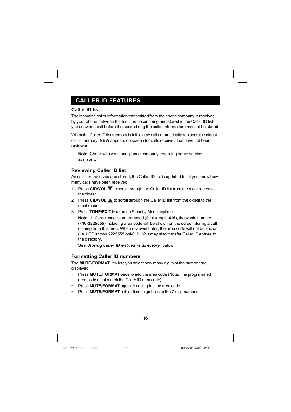 Caller id features | Sanyo CLT-A5822 User Manual | Page 16 / 34