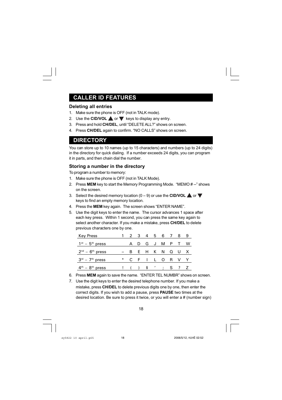 Directory caller id features | Sanyo CLT-A5822 User Manual | Page 18 / 34