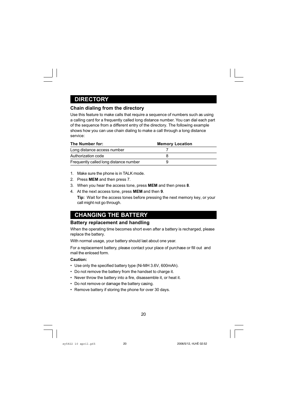 Changing the battery directory | Sanyo CLT-A5822 User Manual | Page 20 / 34