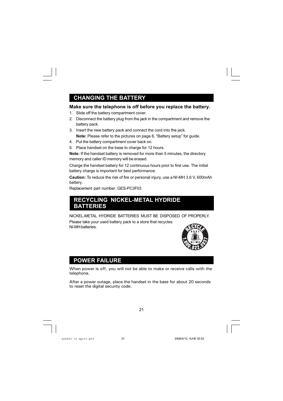 Power failure changing the battery, Recycling nickel-metal hydride batteries | Sanyo CLT-A5822 User Manual | Page 21 / 34