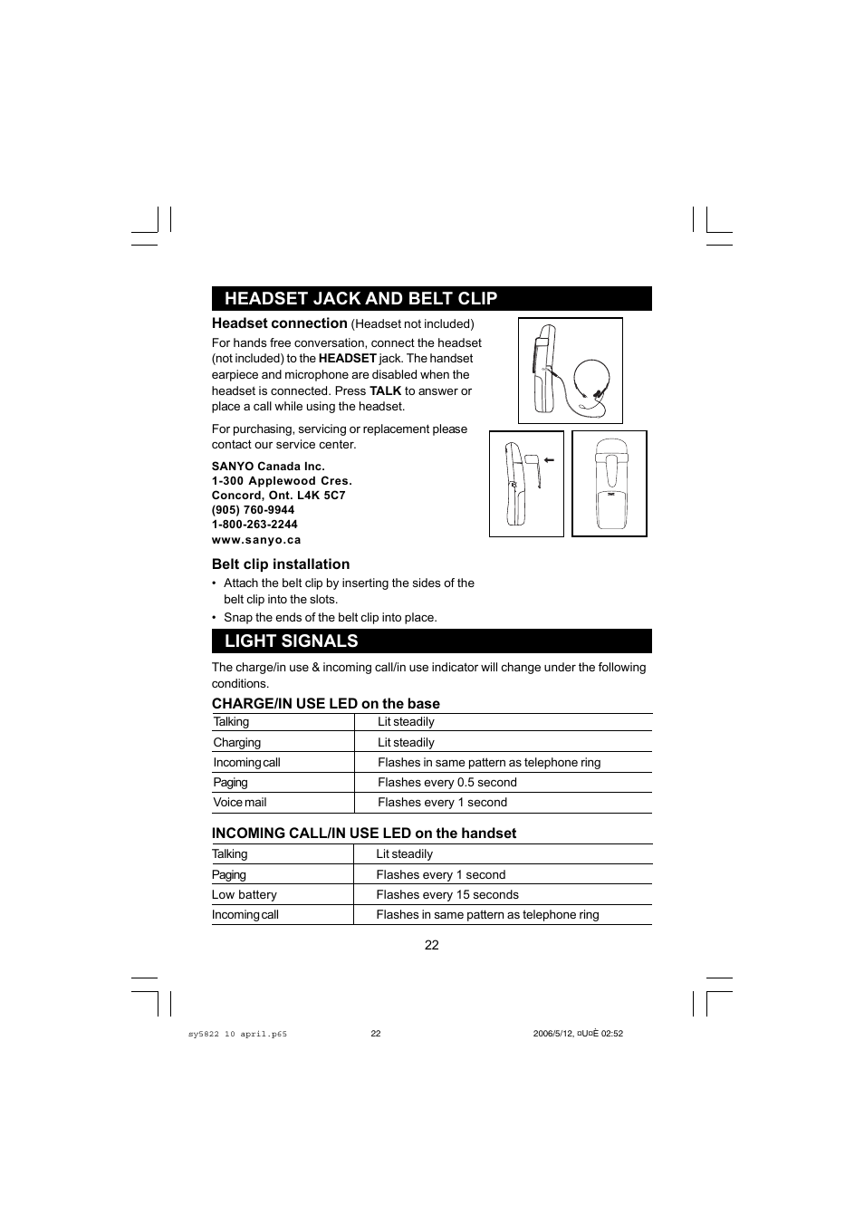 Headset jack and belt clip, Light signals | Sanyo CLT-A5822 User Manual | Page 22 / 34