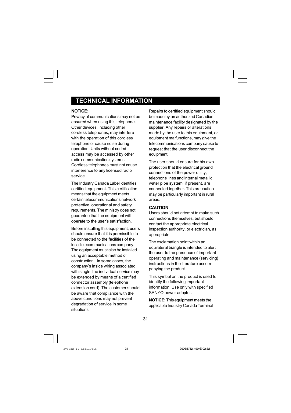 Technical information | Sanyo CLT-A5822 User Manual | Page 31 / 34