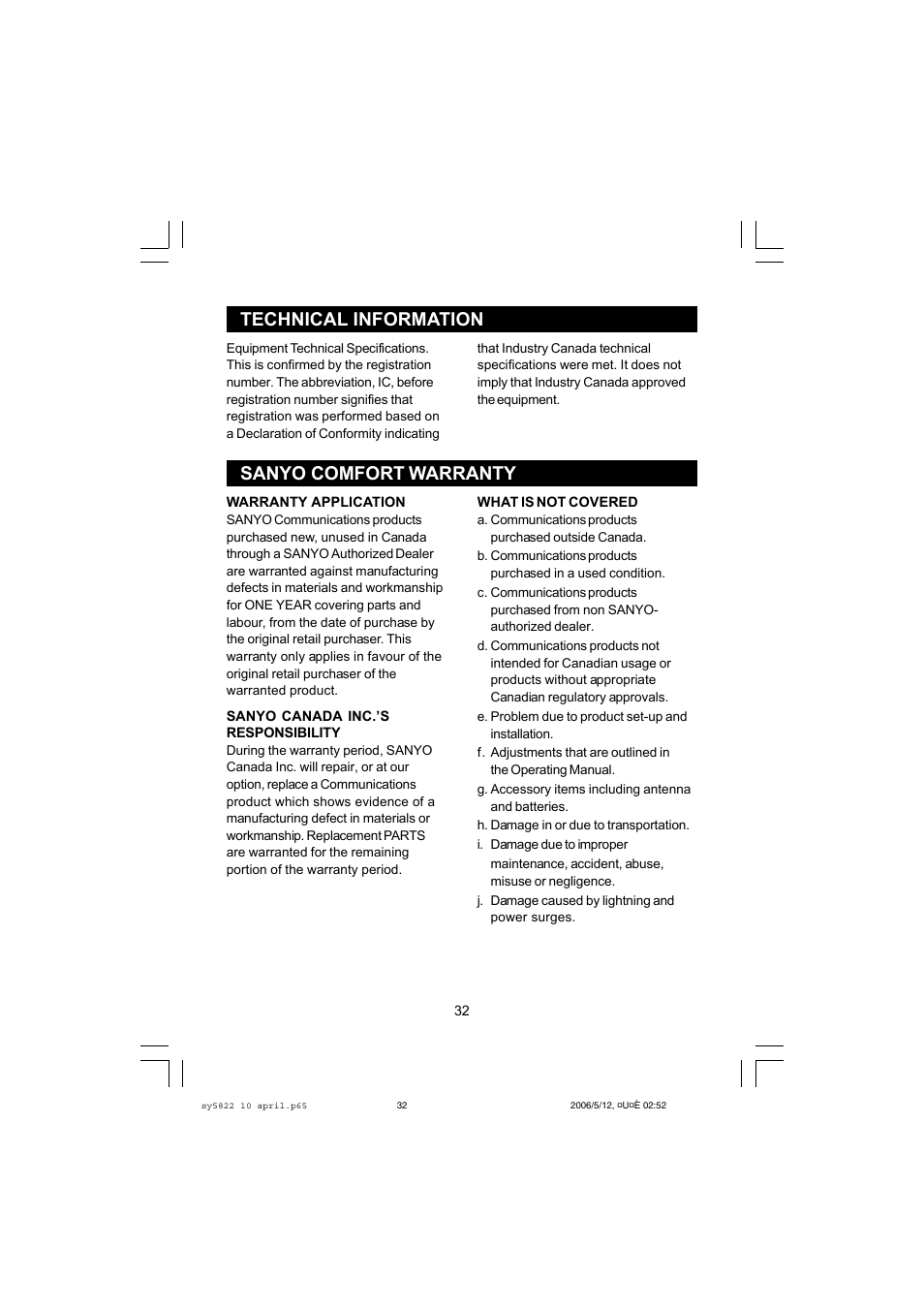 Technical information, Sanyo comfort warranty | Sanyo CLT-A5822 User Manual | Page 32 / 34