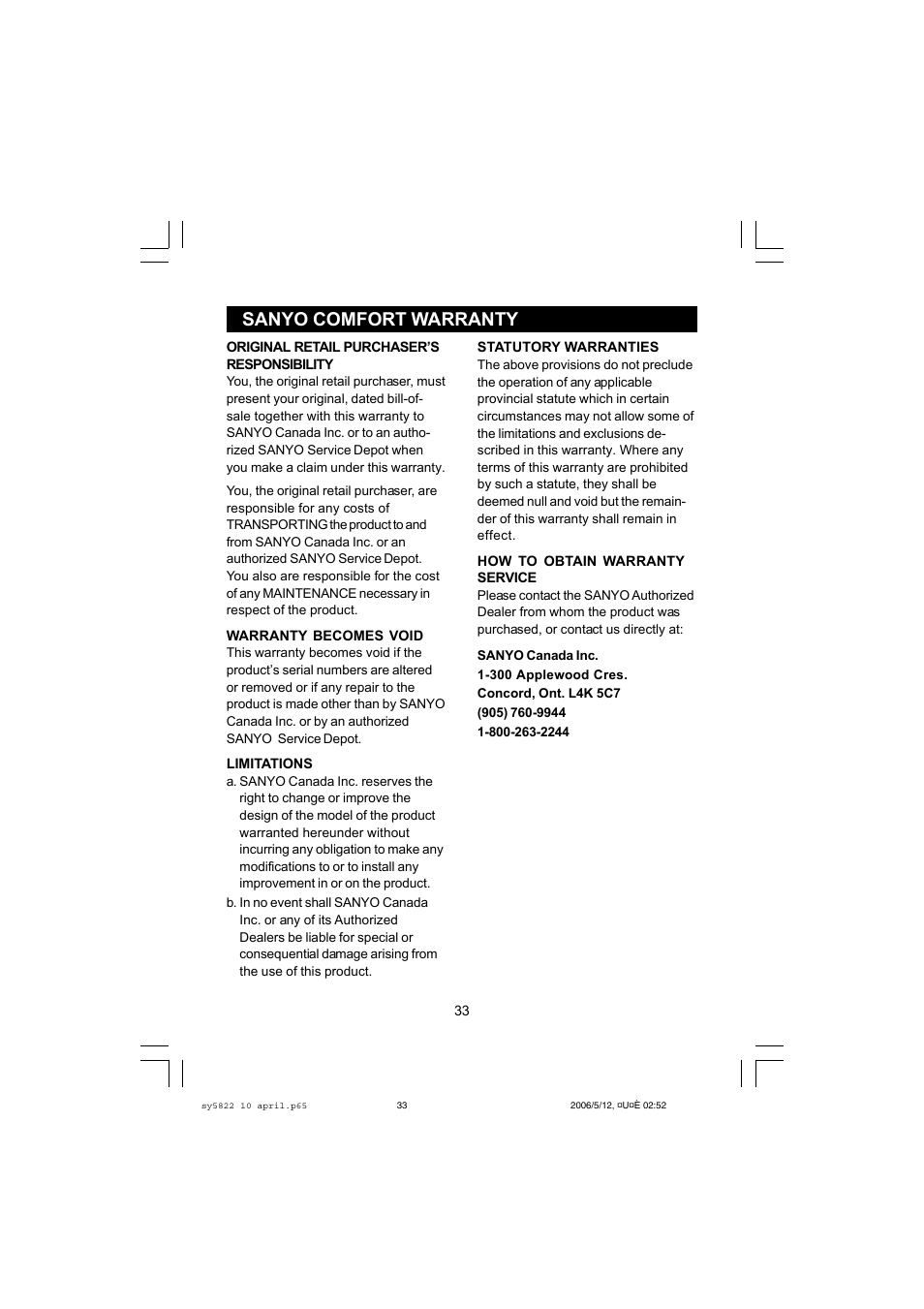 Sanyo comfort warranty | Sanyo CLT-A5822 User Manual | Page 33 / 34