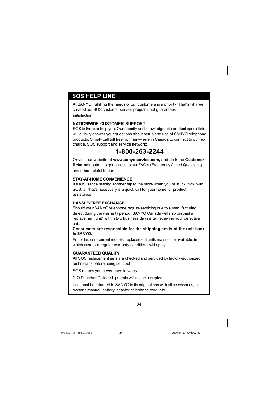 Sos help line | Sanyo CLT-A5822 User Manual | Page 34 / 34