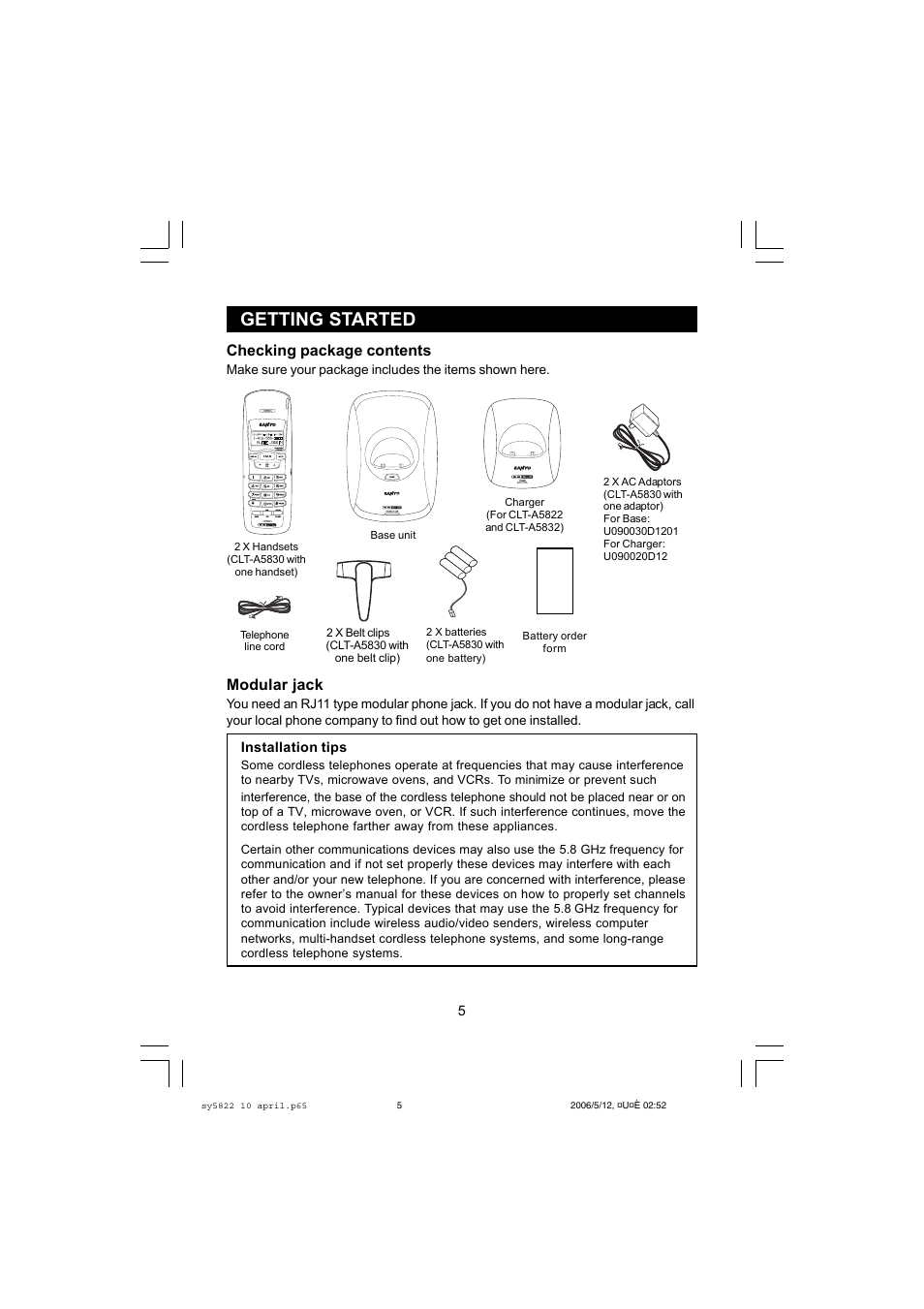 Getting started, Modular jack, Checking package contents | Sanyo CLT-A5822 User Manual | Page 5 / 34