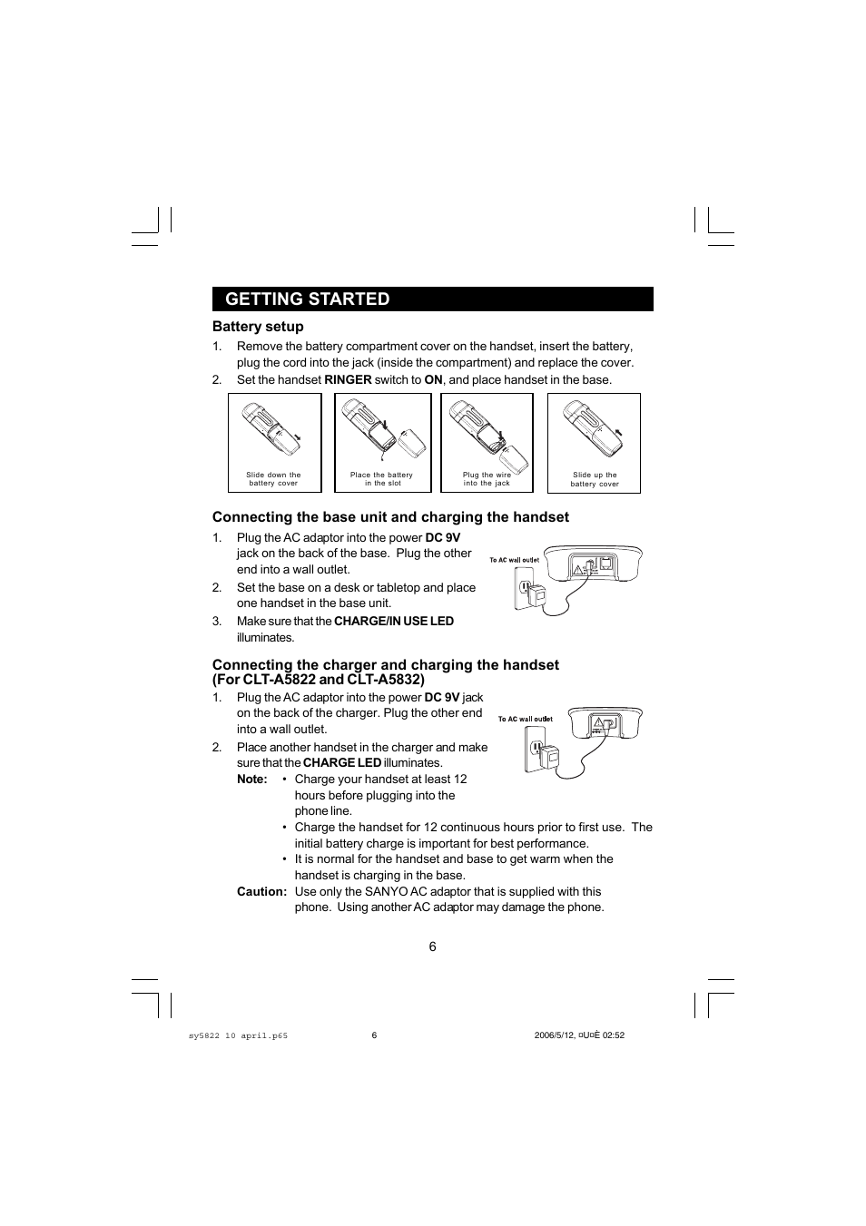 Getting started, Battery setup, Connecting the base unit and charging the handset | Sanyo CLT-A5822 User Manual | Page 6 / 34