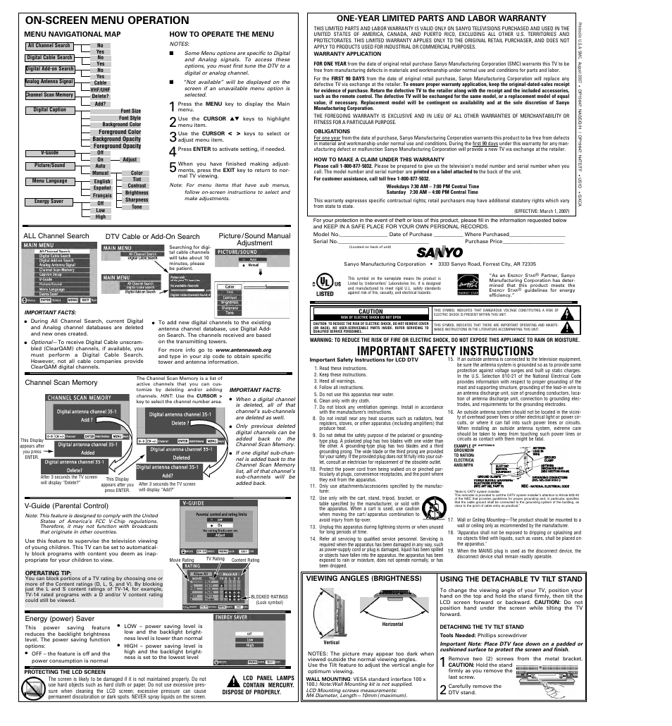 Important safety instructions, On-screen menu operation | Sanyo DP15647 User Manual | Page 2 / 2