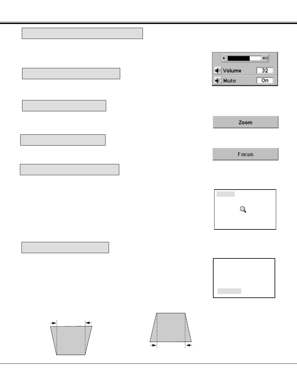 Sound volume adjustment, Sound mute function, Zoom adjustment | Focus adjustment, Digital zoom function, Keystone function | Sanyo PLC-XP21N User Manual | Page 28 / 54