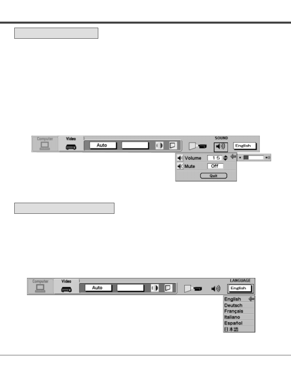 Sound adjustment, Language adjustment, Sound adjustment language adjustment | Sanyo PLC-XP21N User Manual | Page 31 / 54