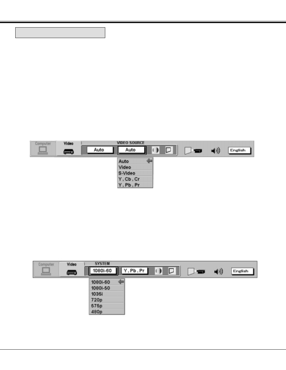 Video source selection, Video source select, Component video system select | Sanyo PLC-XP21N User Manual | Page 33 / 54