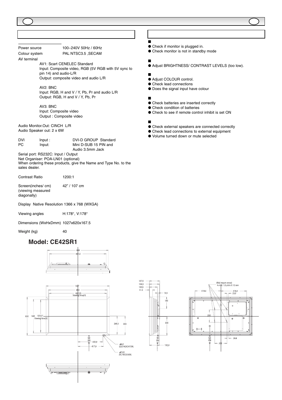 Model: ce42sr1, Specifica, Specification helpful hints | Sanyo CE42SR1 User Manual | Page 11 / 68