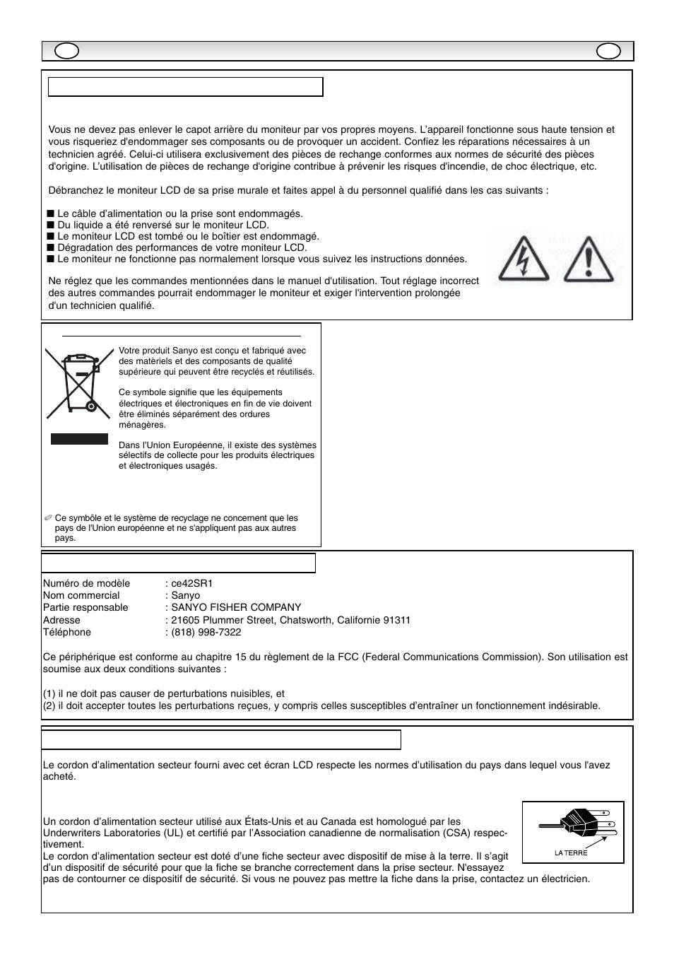 Entretien, Déclaration de conformité, Normes en matière de cordon d’alimentation secteur | Sanyo CE42SR1 User Manual | Page 14 / 68