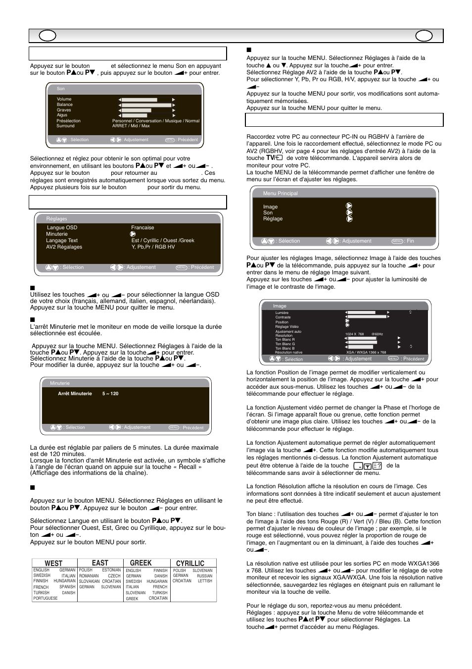 Utilisa, Utilisa tion des menus tion des menus, Réglages du menu pc | Menu réglages, Menu son, Ts e w, Ts a e | Sanyo CE42SR1 User Manual | Page 19 / 68