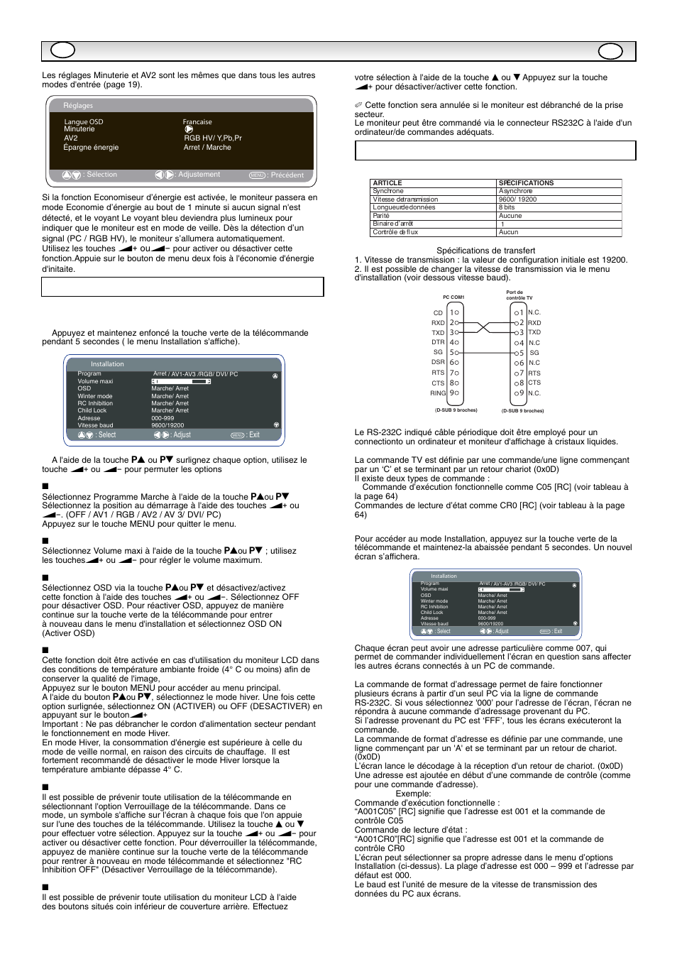 Fonctionnement du pc, Réglages du rs232c, Installation | Sanyo CE42SR1 User Manual | Page 20 / 68