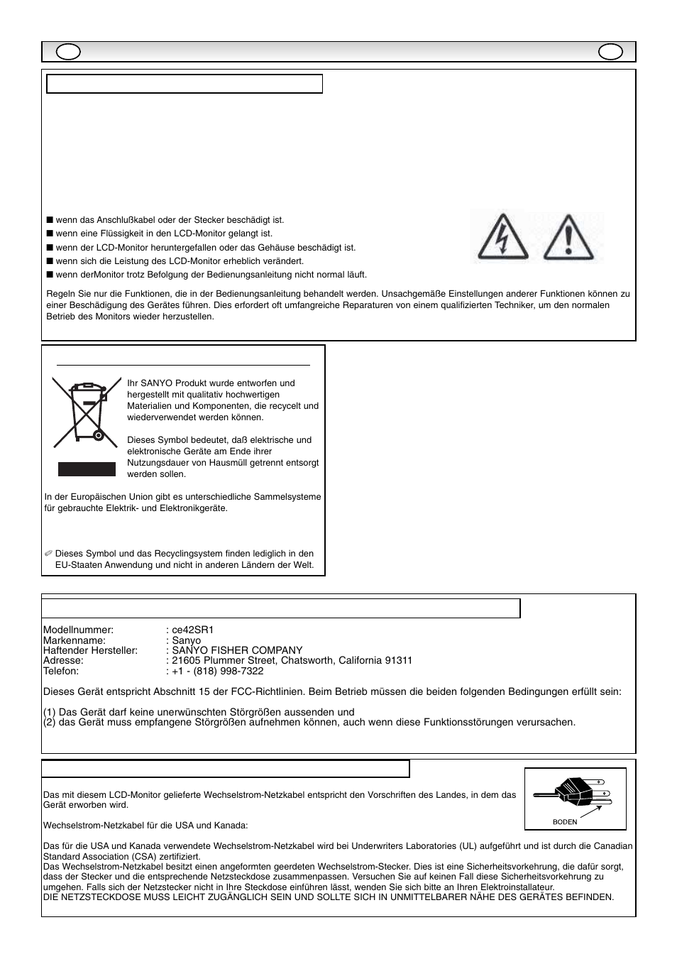 War ar tung tung, Wartung, Konformitätserklärung: nordamerika und kanada | Anforderungen an das wechselstrom-netzkabel | Sanyo CE42SR1 User Manual | Page 24 / 68