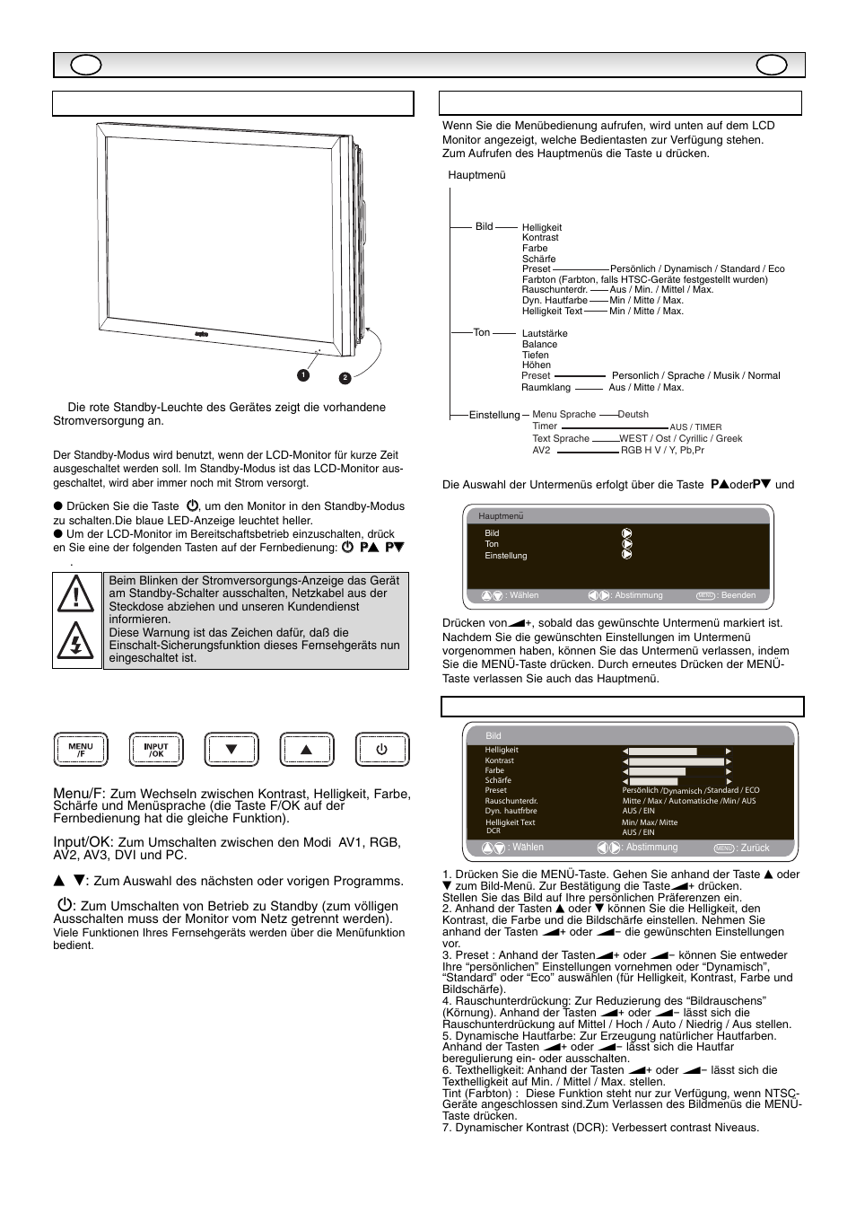 Anschluss, Anschlüsse, Menübetrieb | Bedienungselemente, Bild-menü, Schalten in den/aus dem standby-modus, Input/ok | Sanyo CE42SR1 User Manual | Page 28 / 68